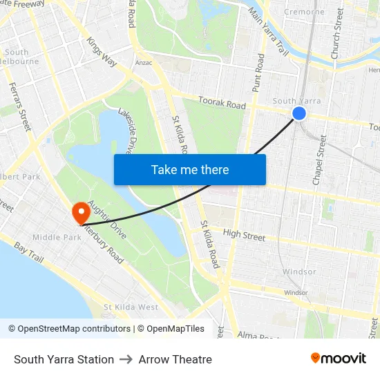 South Yarra Station to Arrow Theatre map