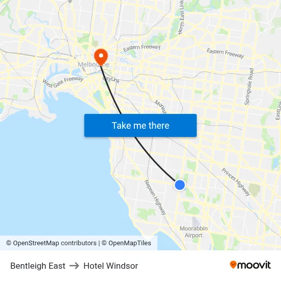 Bentleigh East to Hotel Windsor map
