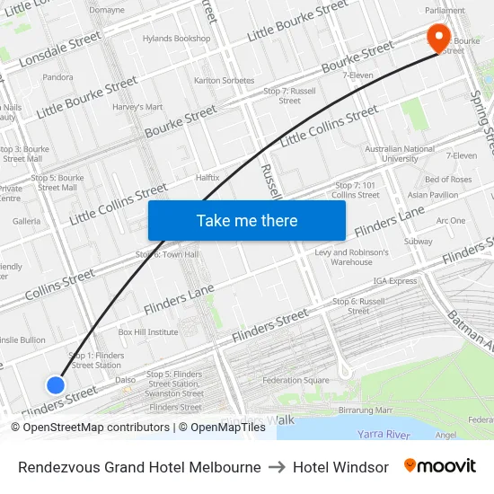 Rendezvous Grand Hotel Melbourne to Hotel Windsor map