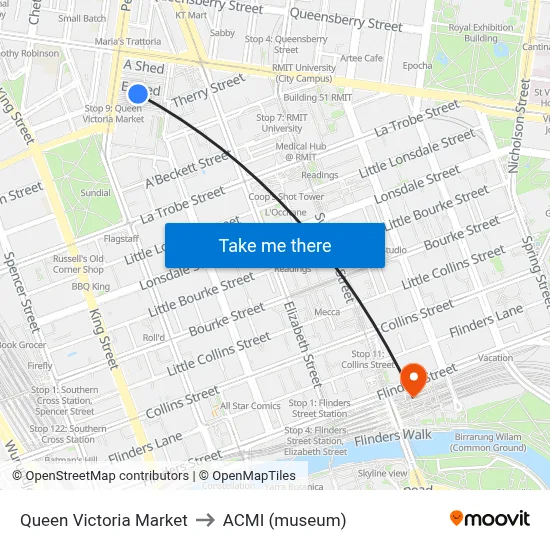 Queen Victoria Market to ACMI (museum) map