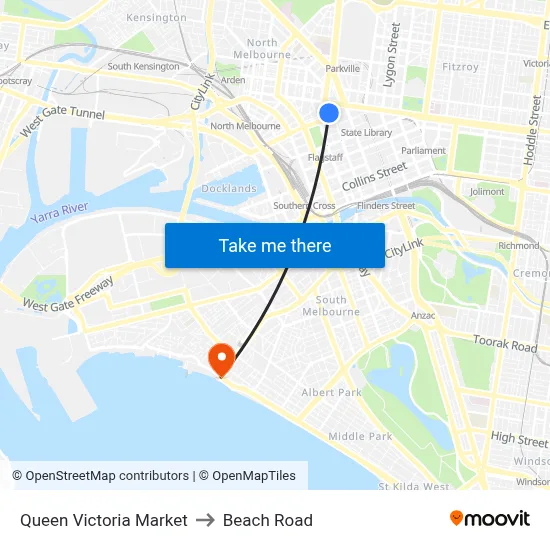 Queen Victoria Market to Beach Road map