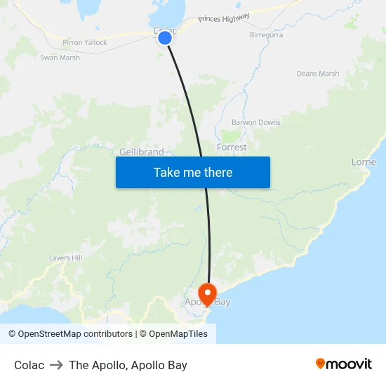 Colac to The Apollo, Apollo Bay map