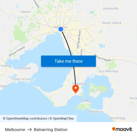 Melbourne to Balnarring Station map