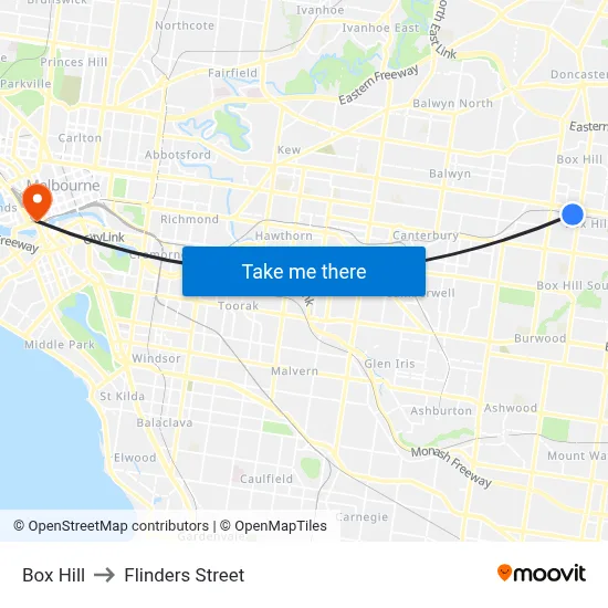 Box Hill to Flinders Street map