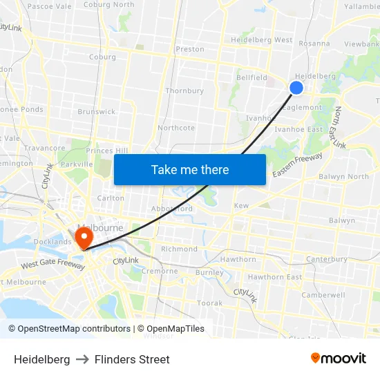 Heidelberg to Flinders Street map