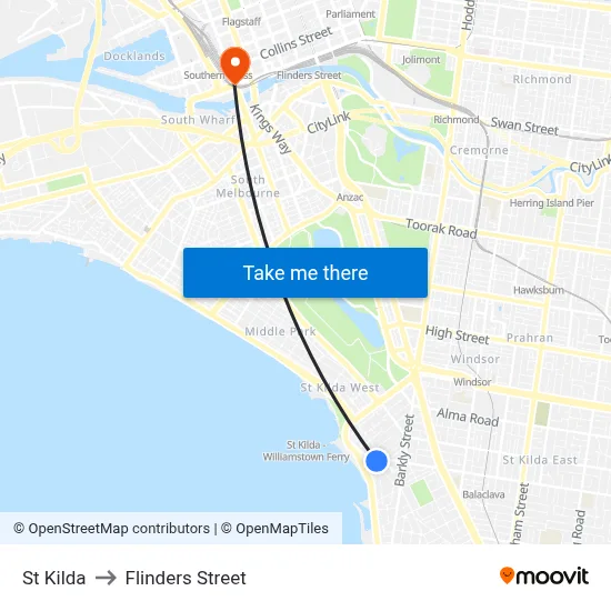 St Kilda to Flinders Street map