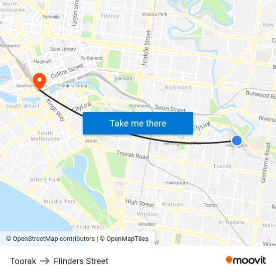 Toorak to Flinders Street map