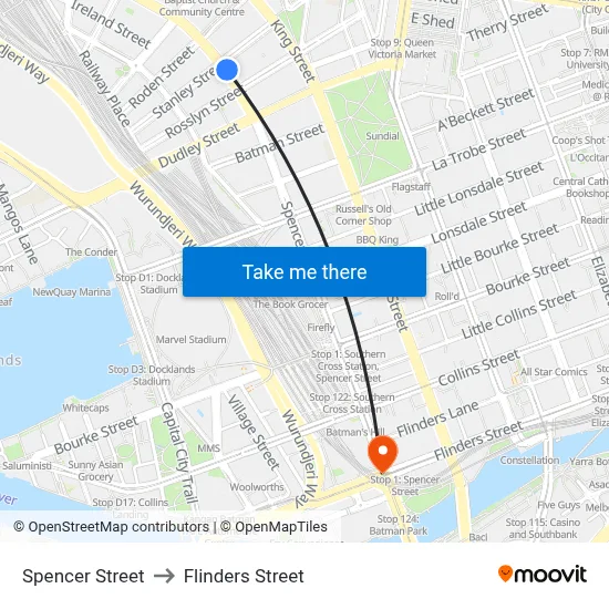 Spencer Street to Flinders Street map