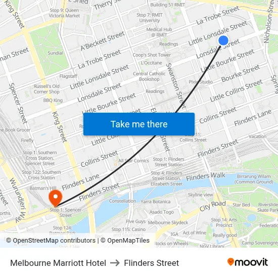 Melbourne Marriott Hotel to Flinders Street map