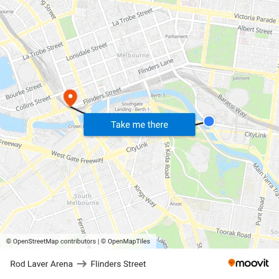 Rod Laver Arena to Flinders Street map