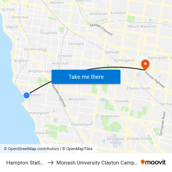 Hampton Station to Monash University Clayton Campus map