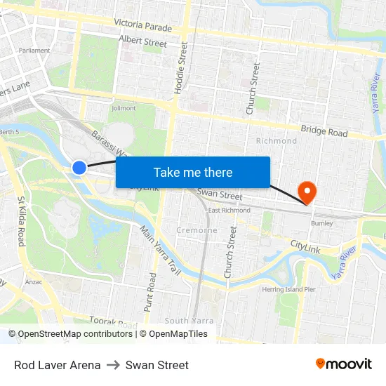 Rod Laver Arena to Swan Street map