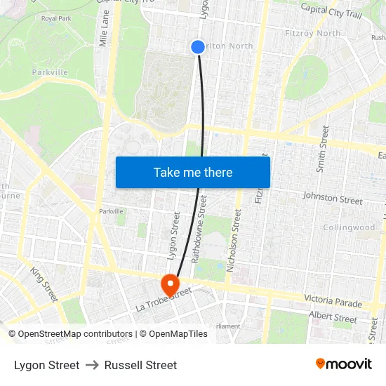 Lygon Street to Russell Street map
