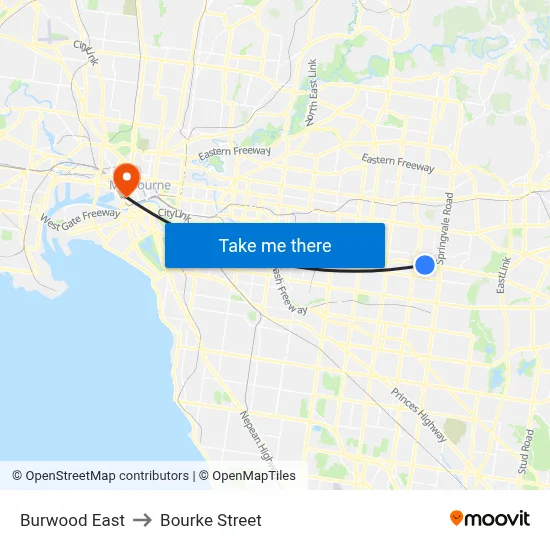 Burwood East to Bourke Street map