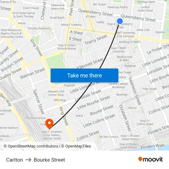 Carlton to Bourke Street map