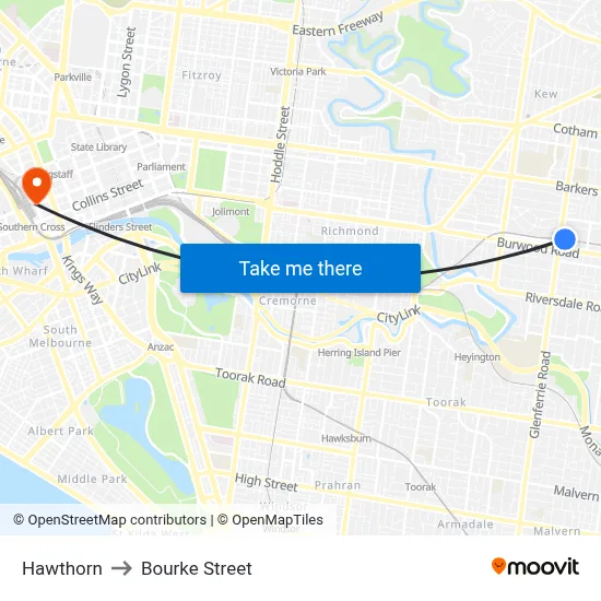 Hawthorn to Bourke Street map