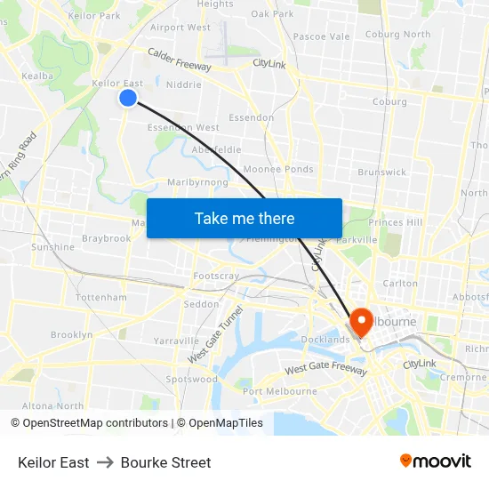 Keilor East to Bourke Street map