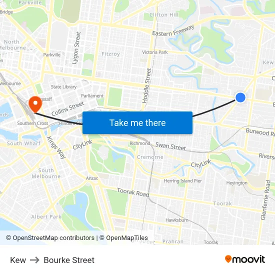 Kew to Bourke Street map