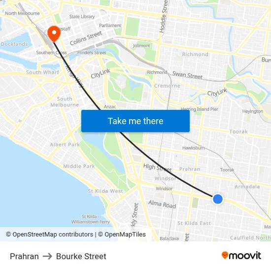 Prahran to Bourke Street map