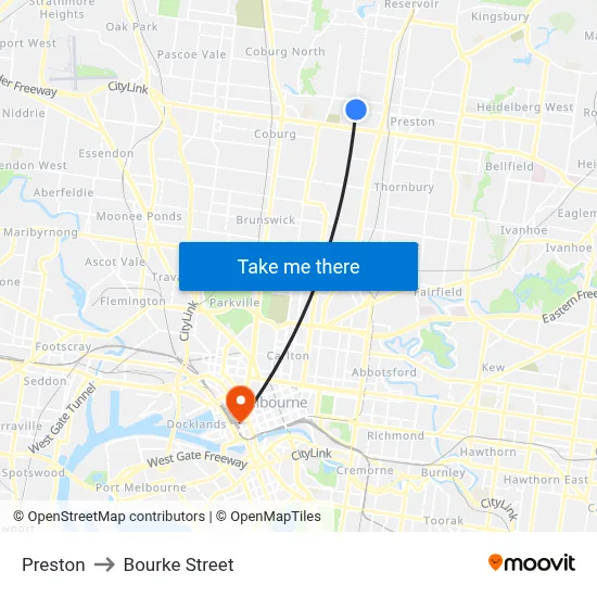 Preston to Bourke Street map