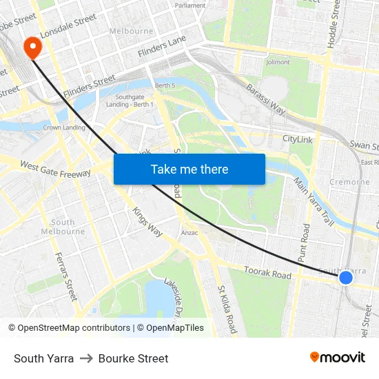 South Yarra to Bourke Street map