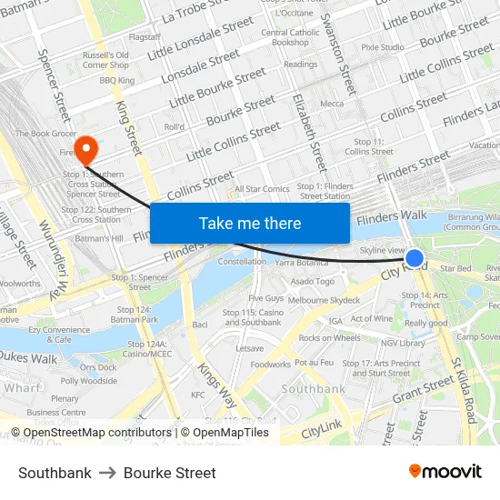 Southbank to Bourke Street map