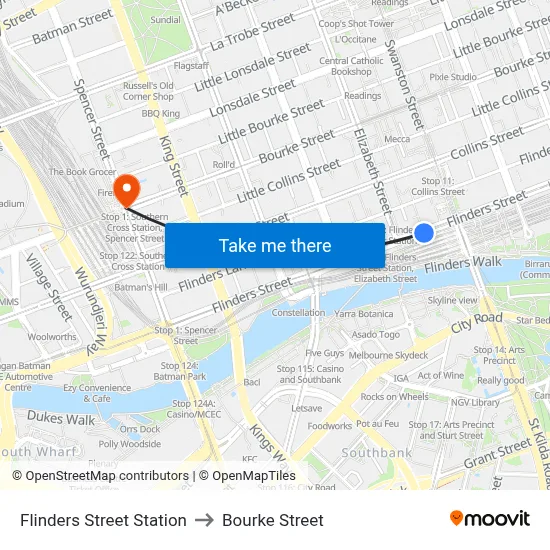 Flinders Street Station to Bourke Street map