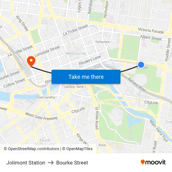 Jolimont Station to Bourke Street map