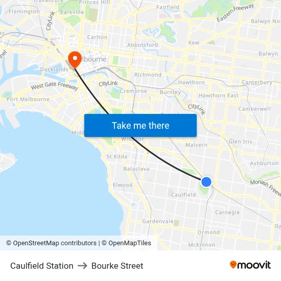Caulfield Station to Bourke Street map