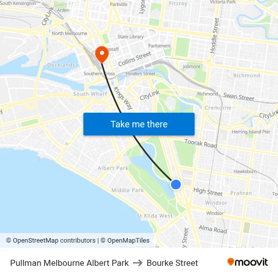 Pullman Melbourne Albert Park to Bourke Street map