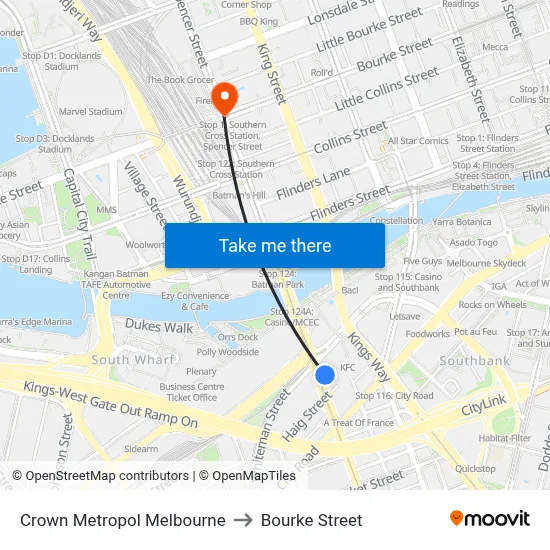 Crown Metropol Melbourne to Bourke Street map