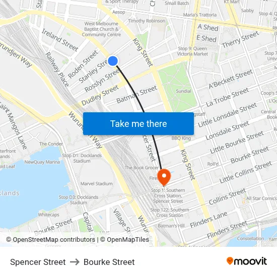 Spencer Street to Bourke Street map