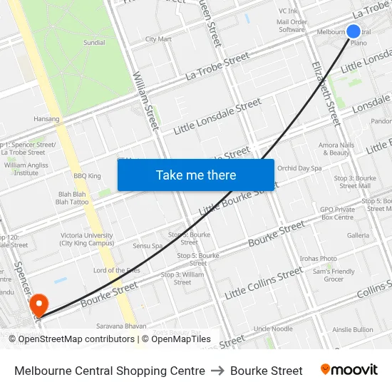 Melbourne Central Shopping Centre to Bourke Street map