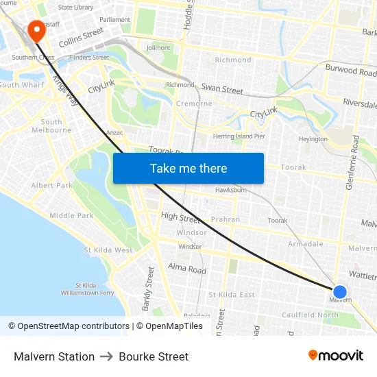 Malvern Station to Bourke Street map
