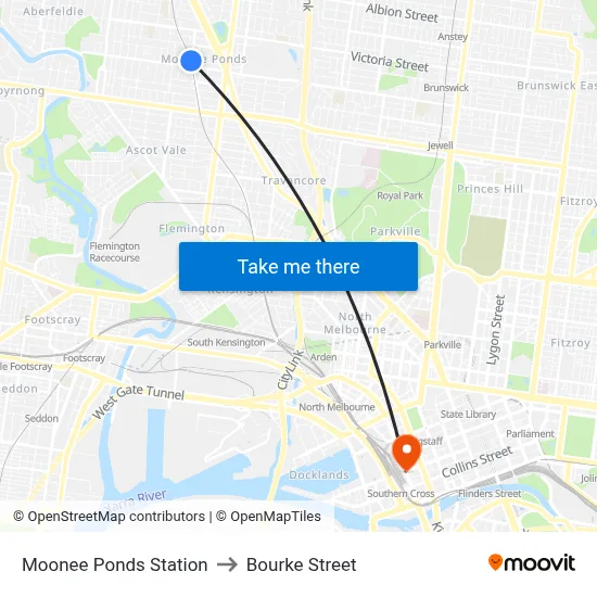 Moonee Ponds Station to Bourke Street map