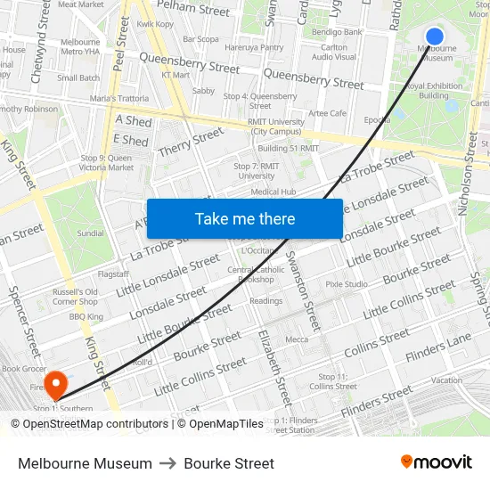 Melbourne Museum to Bourke Street map