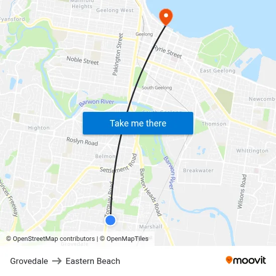 Grovedale to Eastern Beach map