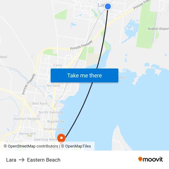 Lara to Eastern Beach map