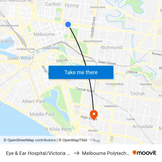 Eye & Ear Hospital/Victoria Pde to Melbourne Polytechnic map