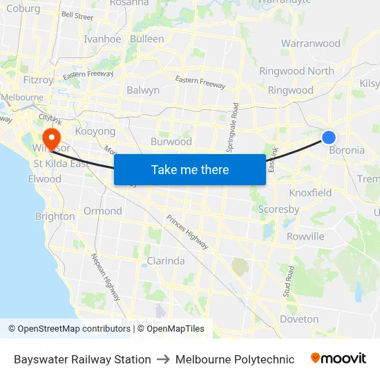 Bayswater Railway Station to Melbourne Polytechnic map
