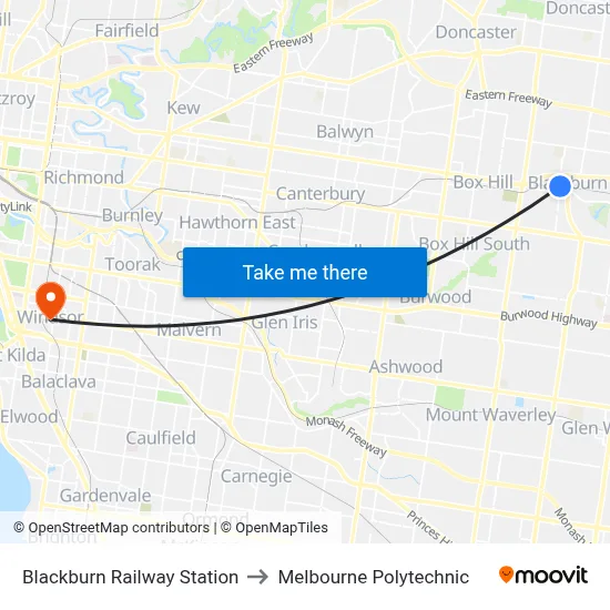 Blackburn Railway Station to Melbourne Polytechnic map