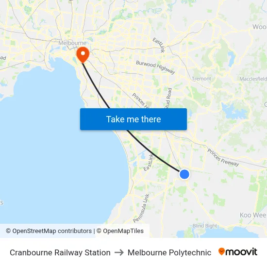 Cranbourne Railway Station to Melbourne Polytechnic map