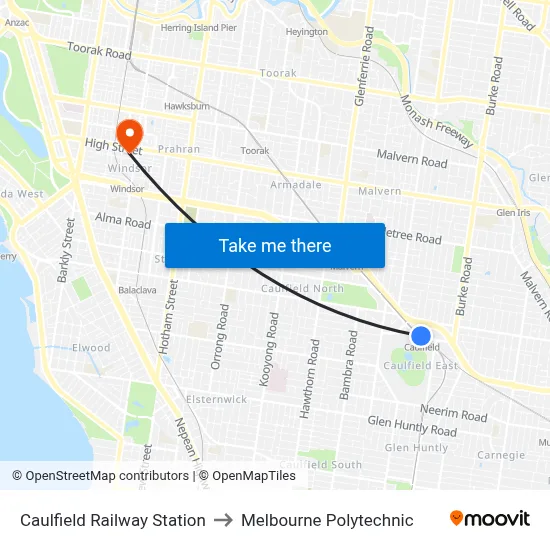 Caulfield Railway Station to Melbourne Polytechnic map