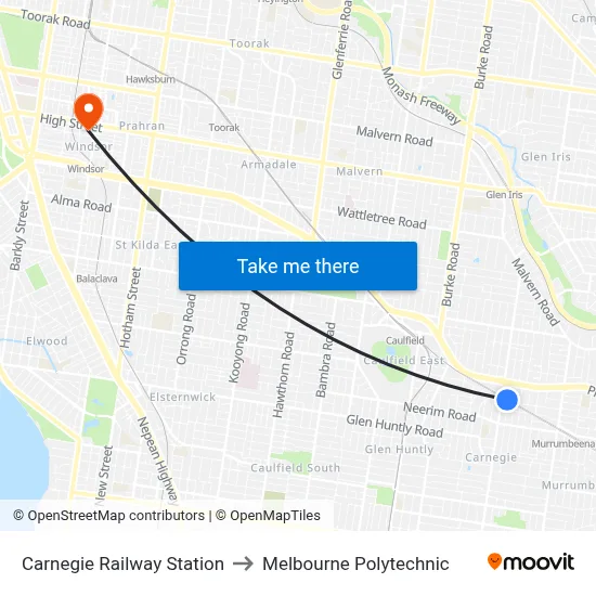 Carnegie Railway Station to Melbourne Polytechnic map