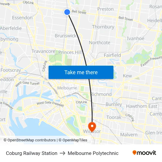 Coburg Railway Station to Melbourne Polytechnic map