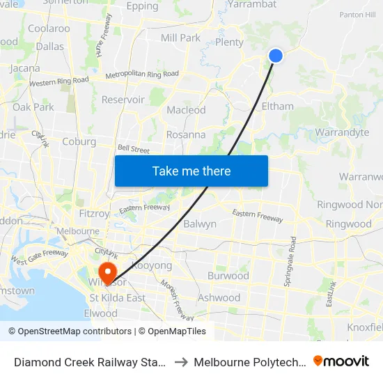 Diamond Creek Railway Station to Melbourne Polytechnic map