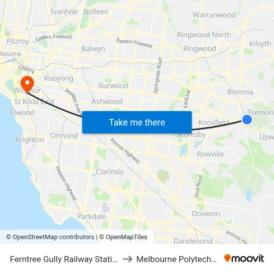 Ferntree Gully Railway Station to Melbourne Polytechnic map