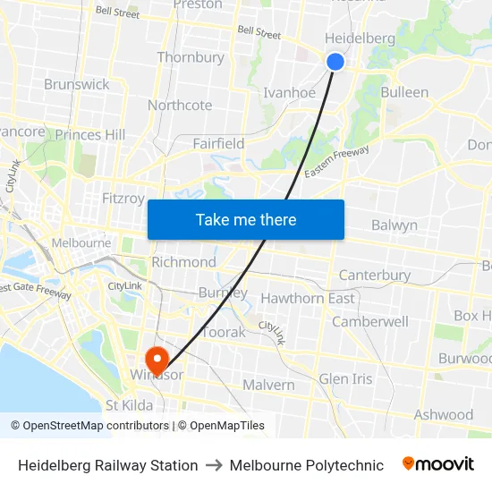 Heidelberg Railway Station to Melbourne Polytechnic map