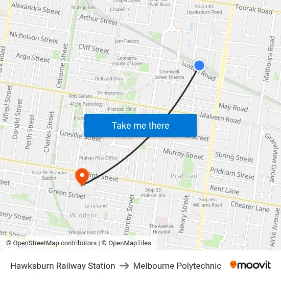 Hawksburn Railway Station to Melbourne Polytechnic map