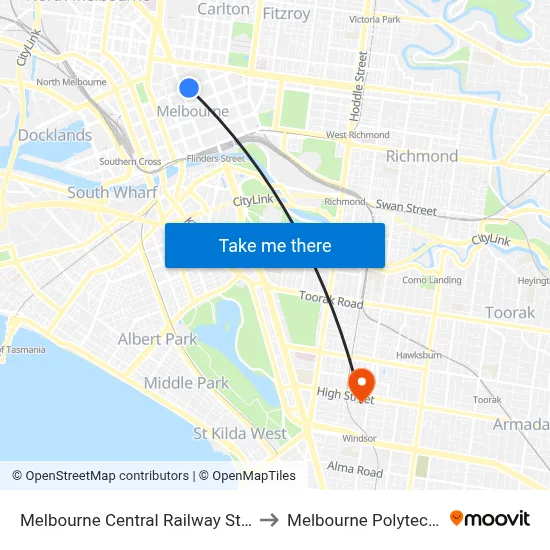 Melbourne Central Railway Station to Melbourne Polytechnic map